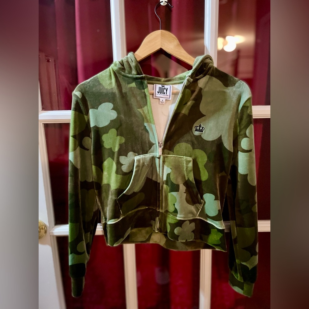 Juicy Couture. New. Super soft camouflage velour hoodie. Size: small.